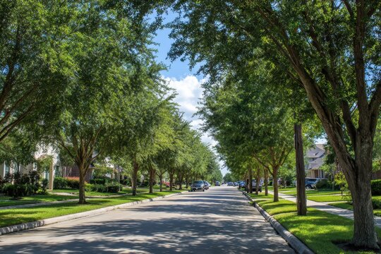 Green suburban environment showcasing tree canopy over a calm road and sidewalks