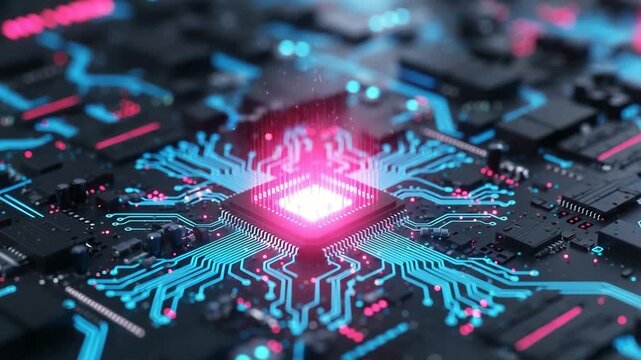 Futuristic microchip processor with glowing circuitry