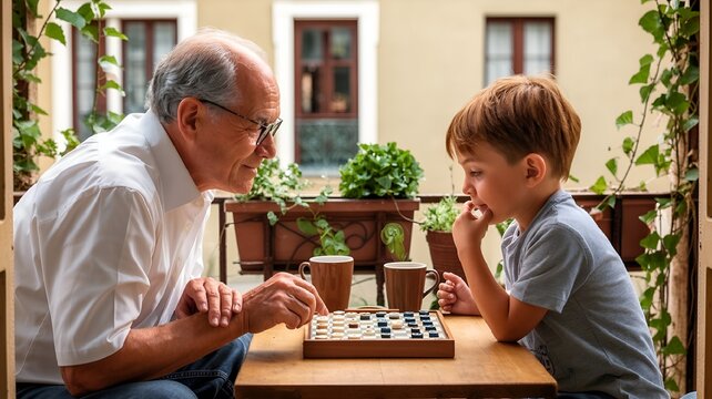 A moment of intergenerational bonding: Grandfather and grandson playing checkers.