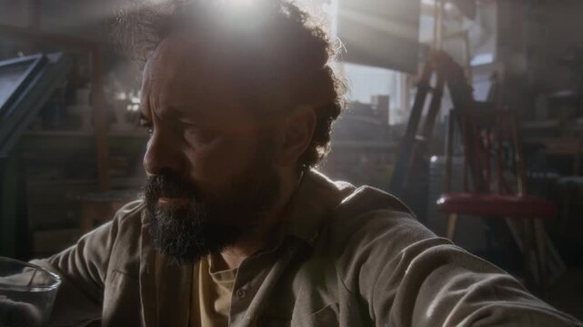 Frustrated middle aged painter with beard sitting in sunlit art studio, drinking alcohol and holding his head in hands while suffering from creative crisis