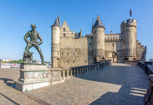 Het Steen (medieval fortress) and Lange Wapper statue in Antwerp, Belgium