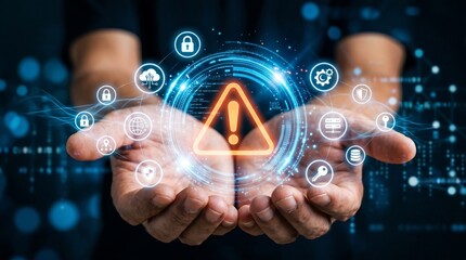 Fototapeta premium Hands holding digital warning symbol with security icons