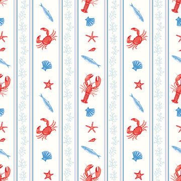 Nautical trendy seamless coral motifs stripe pattern with red crabs, lobsters, blue color shells, fishes and starfish for summer beach design cream background. Coastal style  stationery, seaside decor