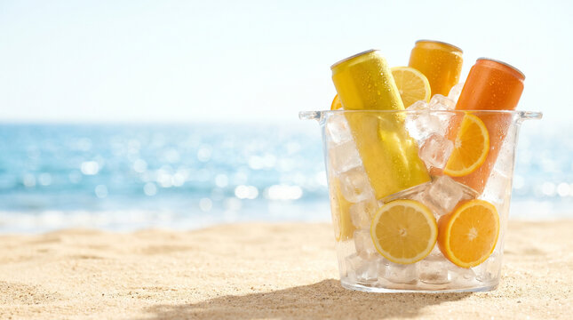 Refreshing drinks in ice bucket on sandy beach by the ocean  