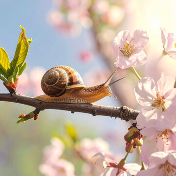 Snail crawling on a branch with blooming cherry blossoms
