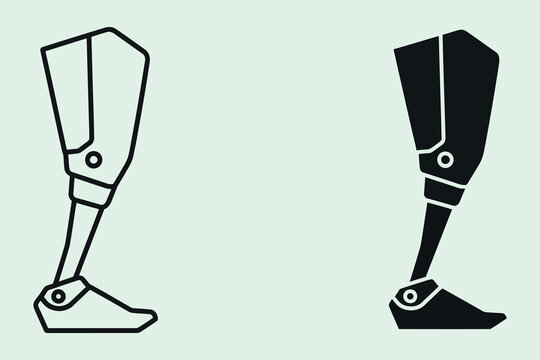 A set of two prosthetic leg one in a minimalist outline style and the other as a solid black silhouette, representing modern medical technology and mobility assistance for amputees