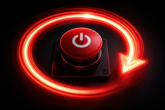 Restart power button concept with glowing circular arrow for system reboot and business technology workflow