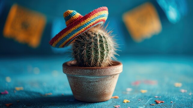 Joyful fiesta scene: potted cactus and sombrero centerpiece for celebratory d&Atilde;&copy;cor