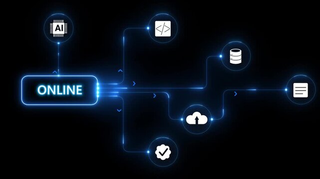 Employees in office streamlining workflow using online apps, futuristic HUD icons symbolizing digital ecosystem. Aerial view of workers using internet enterprise animation on transparent background