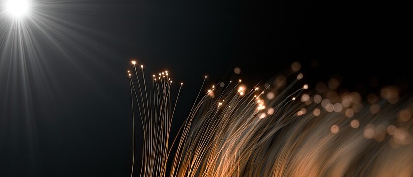 Glowing threads of light ascend into a bright beam on a dark background