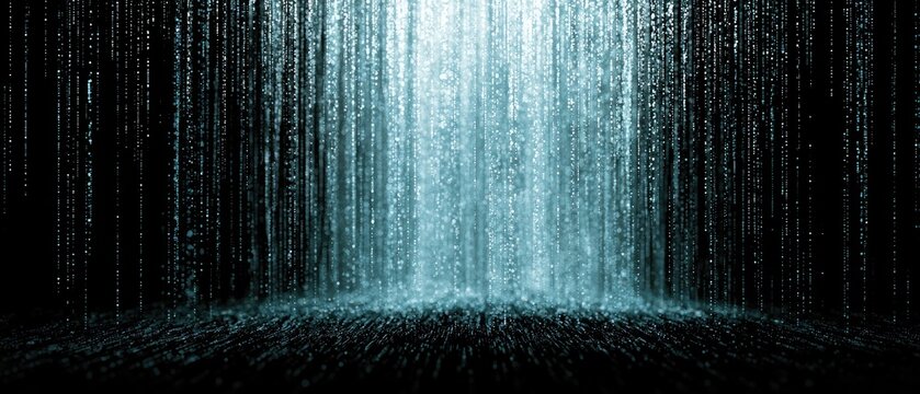 A vibrant cascade of light streaks down into a dark abyss