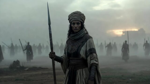 A warrior woman in ancient attire holding a spear in cinematic style on a foggy field, concept of courage