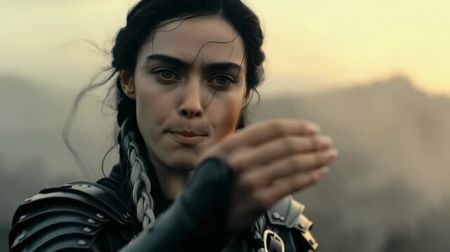 Close-up of a fierce female warrior in armor, realistic style on a blurred outdoor background, concept of strength and determination