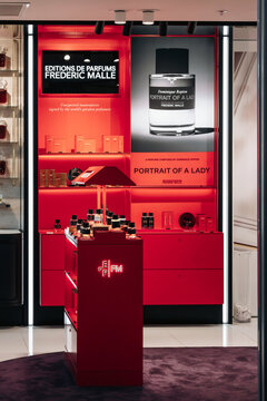 Nice, France - April 17, 2026: Frederic Malle Editions de Parfums display featuring Portrait of a Lady fragrance inside Nice Cote d Azur Airport