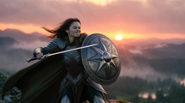 A female warrior in detailed armor with sword and shield, cinematic style, against a sunset mountain backdrop, symbolizing courage