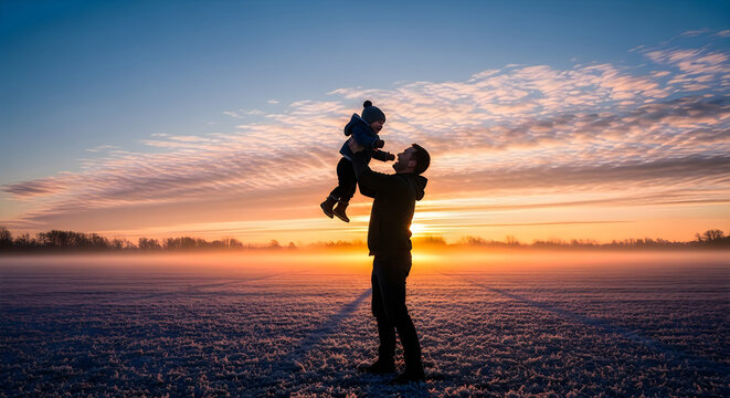 Man lifting child in air during winter sunset