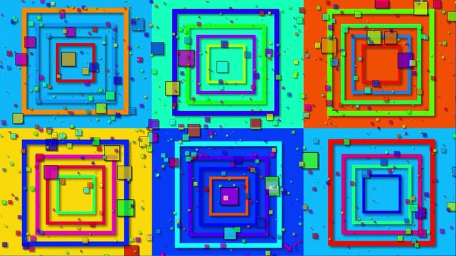 Vibrant pop art motion background featuring a grid of colorful cells with nested geometric square frames. Floating multicolored square particles drift across the screen with soft drop shadows 