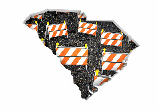 South Carolina SC State Map Road Construction Project Traffic Signs Barriers Barricades 3d Illustration