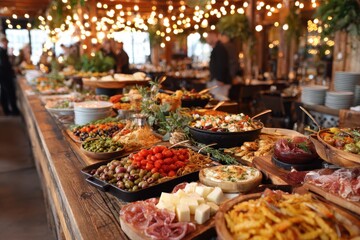 Fototapeta premium Elegant catering spread for a festive Italian brunch featuring roasted meats, breads, cheeses, and colorful antipasti