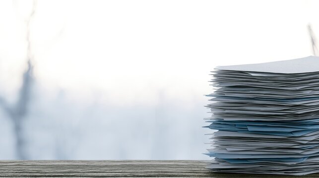 Stack of papers on a wooden surface against a soft, blurry winter background