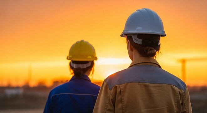 Two construction workers wearing helmets and safety gear standing and looking at a sunset sky over an industrial site