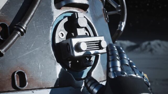 Approaching dark gauntlet turning circular latch on exterior panel, opening hatch, yellow sleeve