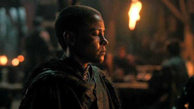 Side-profile warrior figure in medieval attire, cinematic photo style, against torchlit interior background, concept of courage