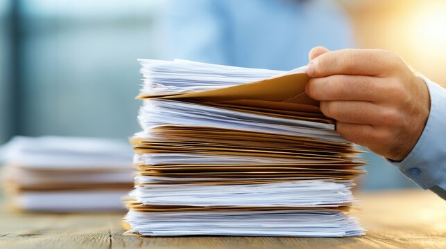 Person's hand sifting through stack of envelopes filled with documents