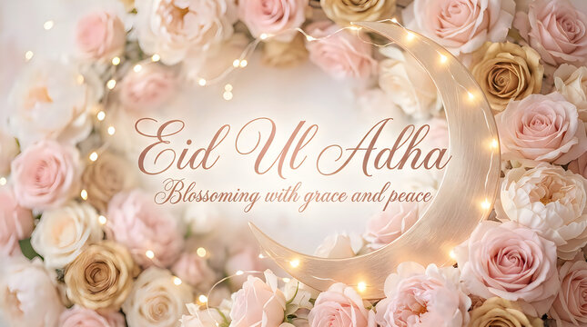 Soft pink floral Eid ul Adha background with roses and elegant gold accents for islamic festival celebration and romantic eid mubarak wallpaper greeting card design graphics art work