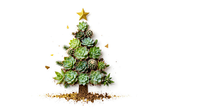 Arbre de No&euml;l stylis&eacute; compos&eacute; de succulentes vertes et dune &eacute;toile dor&eacute;e