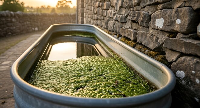 Green algae fills a galvanized metal water trough against a rustic stone wall at golden hour, capturing agricultural detail and serene outdoor light.