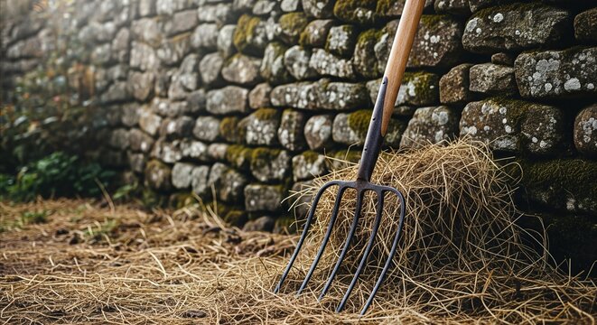 Rustic pitchfork in hay pile against weathered stone wall, evoking timeless rural agriculture and simplicity.