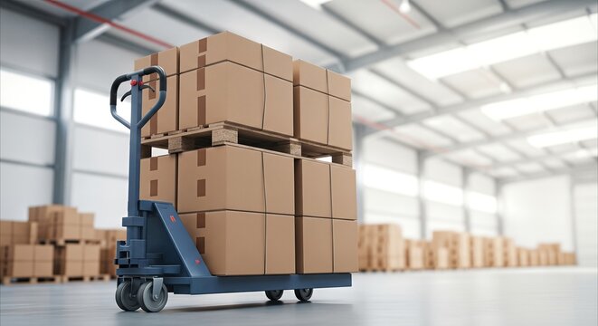 Hand pallet jack loaded with stacked cardboard boxes in a modern, clean warehouse setting, symbolizing logistics and distribution efficiency.