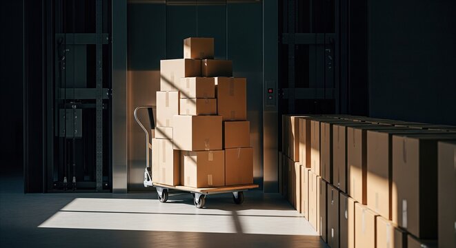 Cardboard boxes stacked on a trolley beside a freight elevator, ready for efficient commercial delivery in a modern logistics environment.