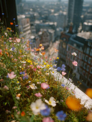 Obraz premium Colorful Wildflowers Growing on Urban Rooftop Garden Overlooking Blurred City Skyline, Selective Focus on Spring Blooms with Historic Buildings and Skyscrapers in the Misty Background