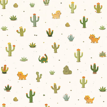 Whimsical desert garden repeat pattern blending watercolor cacti, tiny dinosaurs, and playful botanical elements for modern kids fashion and nursery decor.