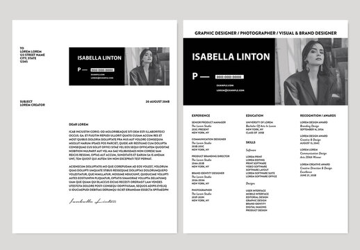Modern Black and White Photo Resume with Cover Letter Layout