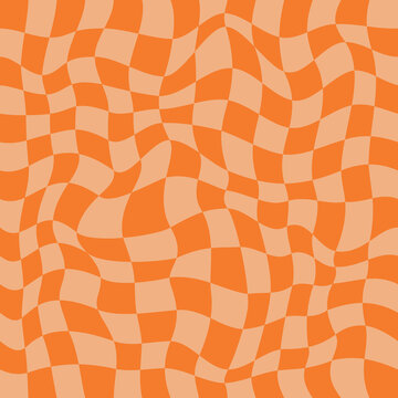 Groovy seamless background with a retro checkerboard design in orange. Abstract pattern.