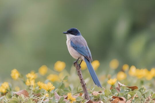 Geai &agrave; gorge blanche Cyanopica cyanus perch&eacute; parmi des fleurs jaunes en environnement naturel