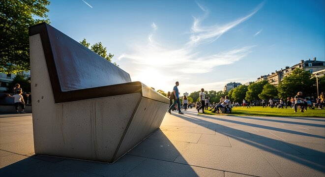 Modern Concrete and Metal Bench in a Lively Urban Park at Golden Hour, Offering Durable Public Seating and Community Gathering Space