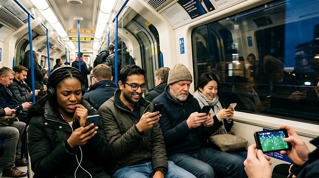 Diverse commuters engrossed in smartphones on a crowded subway train, one watching a soccer match, reflecting modern urban life and digital connectivity