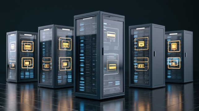 Glowing server racks in dark data center, reflective floor, illuminated status LEDs, highdensity cabinets hosting ai training clusters, remote orchestration panels, redundant power units, fiber
