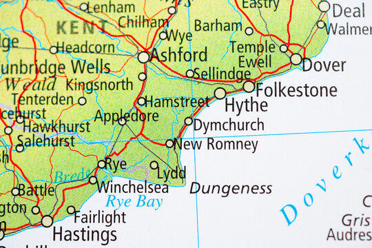 Close up map of Rye and Folkestone Kent England coast.