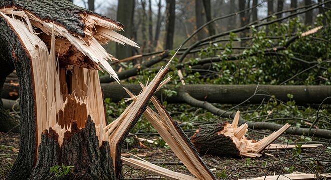 Shattered tree trunk reveals broken wood after storm damage, fallen branches in forest debris