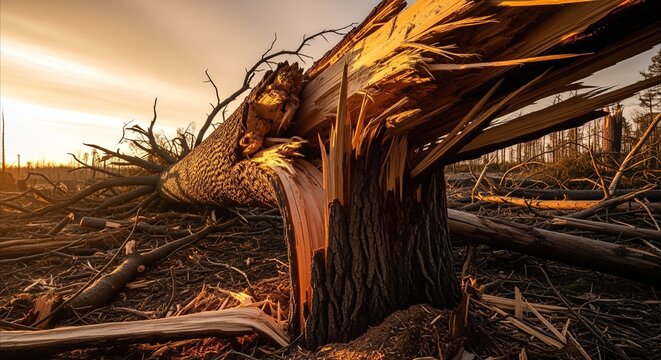 Golden hour light illuminates a dramatically broken tree trunk amidst a forest aftermath, showcasing nature's power and fragility.