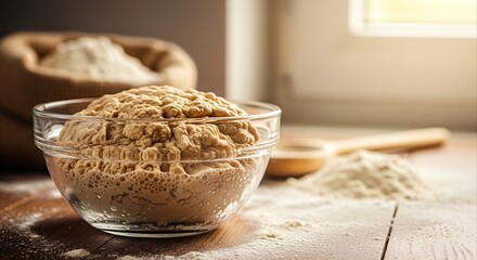 Fototapeta premium Bubbling yeast fermenting in glass bowl, preparing homemade dough with warm light, cozy kitchen baking atmosphere