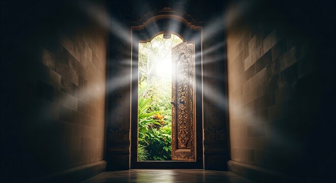 Ornate wooden door opening to bright sunlight and lush greenery, symbolizing spiritual journey and divine opportunity.