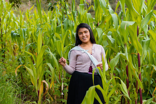 Campesina atractiva con hilada en la mano y ropa tradicional.Costumbres ancestrales del campo peruano. Tradici&oacute;n, cultura y vida rural andina.Quechua .