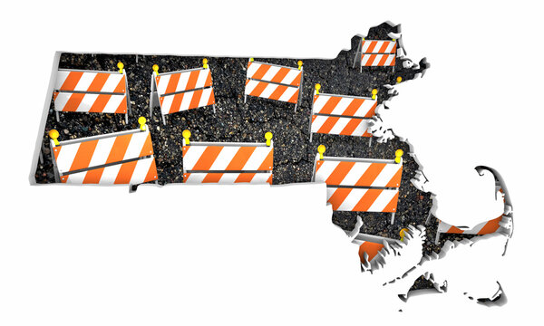 Massachusetts MA State Map Road Construction Project Traffic Signs Barriers Barricades 3d Illustration