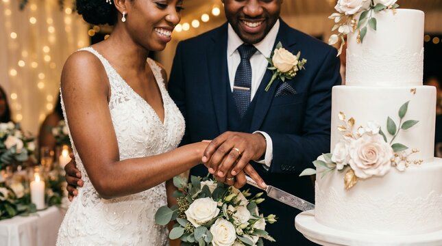 Elegant couple cutting wedding cake together in romantic ceremony with soft lighting celebration love moment luxury reception scene happiness event. Wedding.